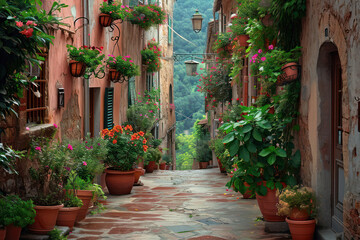 Fototapeta na wymiar Old Town Charm: Exploring the Medieval Streets of Tuscany's Enchanting City - A Spectacle of Vintage Architecture, Delicate Flowers, and Rustic European Charm