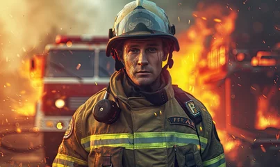 Foto op Plexiglas Fireman standing in front of a fire background. © Filip