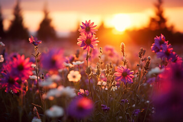 Beautiful pink cosmos flower blooming in the field in sunset.