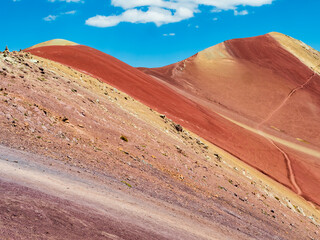 Impressive colors of the Red Valley (valle rojo) beside Vinicunca rainbow mountain, Cusco region, Peru - 733118327