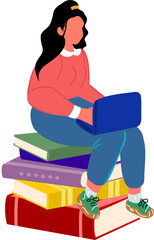 A girl sits on a stack of books while holding a laptop vector cartoon illustration