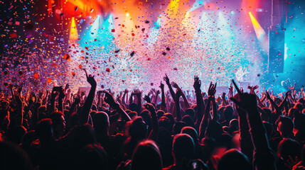 Fototapeta na wymiar Cheering concert crowd with colorful stage light and confetti, silhouette of Large group of people audience at live music festival 