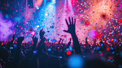 Cheering concert crowd with colorful stage light and confetti, silhouette of Large group of people audience at live music festival
