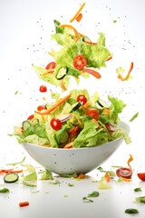 Sliced vegetables falling into a bowl with salad isolated on white background.