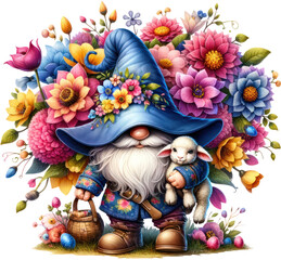 Whimsical Gnome with Lamb in a Floral Wonderland.