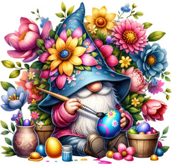 Gnome Painting Colorful Easter Eggs in a Flower-Filled Scene.