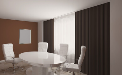 Furniture set with table, chairs and devices. 3D rendering.. Blank paintings.  Mockup.