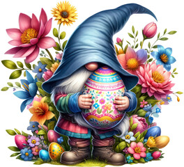 Gnome Holding Intricately Decorated Easter Egg Amongst Spring Florals.