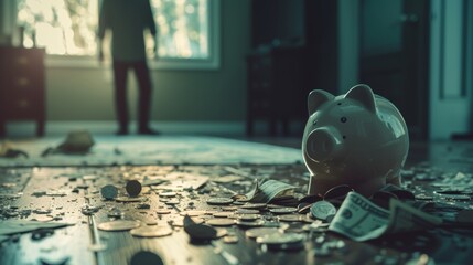 a broken piggy bank lying on the floor with coins and dollar bills financial loss investment failure - obrazy, fototapety, plakaty