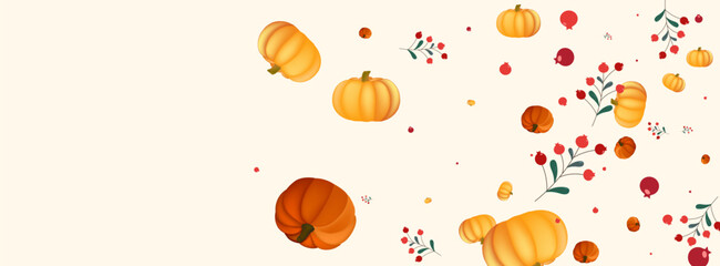 Red Leaf Background Beige Vector. Vegetable September. Green Pumpkins Card. Holiday Texture. Gold Rowan Cute Banner.