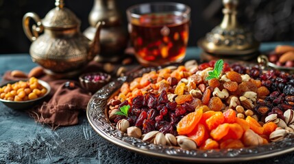Ramadan Delicacies: Captivating scene of mixed dried fruits and nuts, showcasing the diverse flavors of Ramazan. - obrazy, fototapety, plakaty