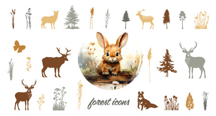 Fototapeta premium Forest icons. Various forest animals drawn in detail. Colorful animal and plant silhouettes isolated on a white background.