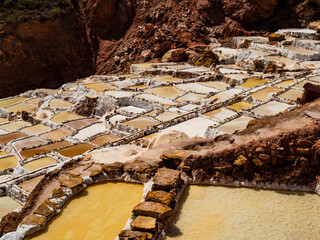 Impressive colors of Maras salt ponds in the sacred valley of Incas, Cusco region, Peru