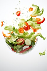 Sliced vegetables falling into a bowl with salad isolated on white background.
