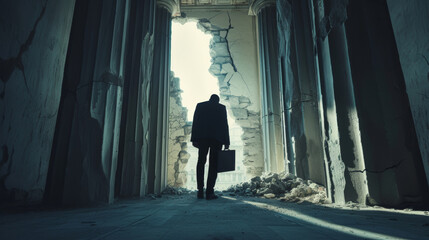 A Man Standing Among Crumbling Pillars Facing the Collapse of Financial Systems