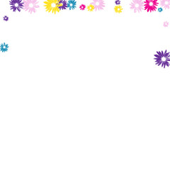 Multi-colored Flowers Background White Vector. Purple Leaf Wallpaper. Beauty Banner.Hand Drawn Color Flower. Spring Illustration.