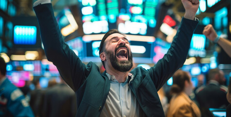 Celebrating Investor in Front of Screens with Stock and Financial Data on a Trading Floor. - obrazy, fototapety, plakaty