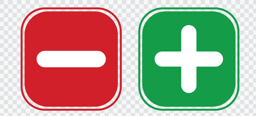 Fototapeta premium Set of plus & minus sign icons, buttons. Flat square positive & negative symbol stickers. Vector file.