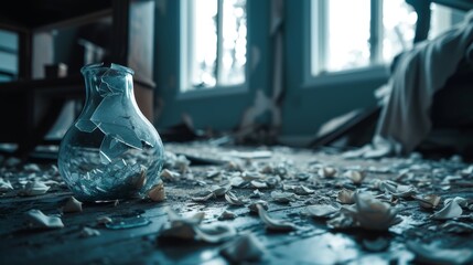 A Shattered Vase on the Floor in a Silent Dark Room.