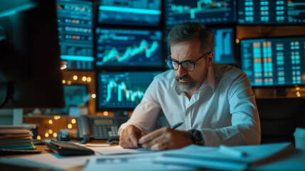 Fototapeta premium An Investor Analyzing Financial Reports and Market Data with Paperwork and Computer Screens.