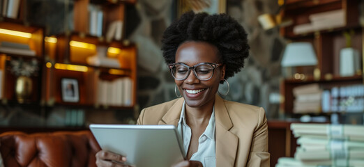 Fototapeta premium Confident African woman Trader Reviewing Portfolio with Money and Documents