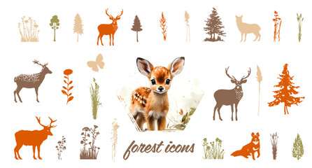 Fototapeta premium Forest icons. Various forest animals drawn in detail. Colorful animal and plant silhouettes isolated on a white background.