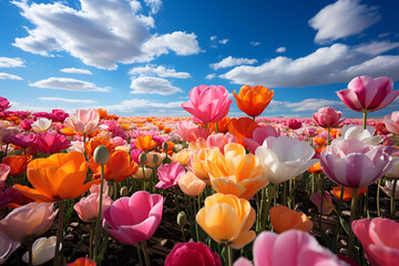 Fields of blooming colorful tulips, colorful flower fields, AI generated