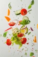 Sliced vegetables falling with salad on isolated white background.