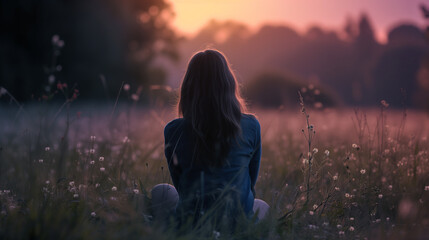 Back view of unrecognizable young woman meditating in a field at sunset - Powered by Adobe