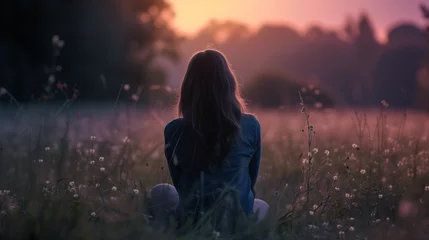 Gardinen Back view of unrecognizable young woman meditating in a field at sunset © Alison