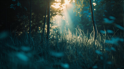 sunlight through the forest. Sunrays through meadow