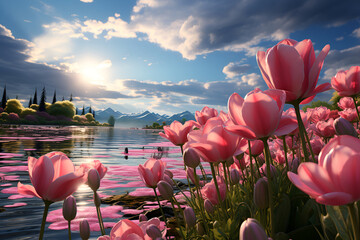 Fields of blooming pink tulips, pink flower fields, AI generated