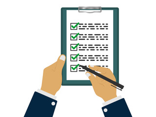 hand holding clipboard and pen, fills out checklist with green check mark. vector illustration isolated on white background.