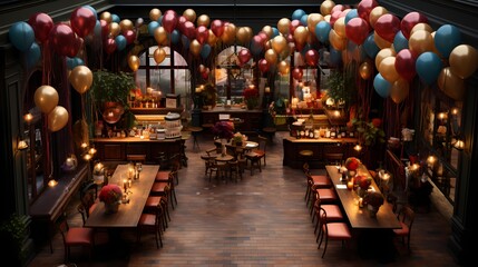 Fototapeta na wymiar A top-down view of a birthday party venue adorned with balloon garlands, creating a festive and welcoming atmosphere for guests to enjoy the celebration