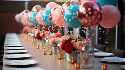 A top-down view of a beautifully arranged table centerpiece, adorned with an assortment of birthday balloons in various sizes and patterns, elevating the party decor