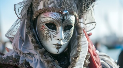 Elegant venetian mask in a carnival setting. a mysterious and theatrical atmosphere. traditional festive costume in focus. captured outdoors on a bright day. AI