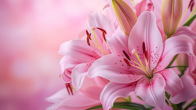 Beautiful lily flowers bouquet on a pink background. Lillies. Pink lilies closeup. Big bunch of fresh fragrant lilies purple background.
