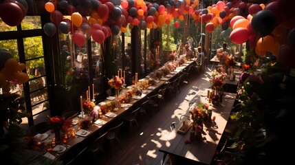A top-down view of a birthday party venue adorned with balloon garlands, creating a festive and welcoming atmosphere for guests to enjoy the celebration