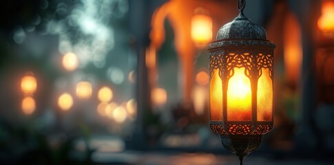 Softly glowing Islamic lanterns illuminate the serenity of Eid Al Fitr and Adha celebration.