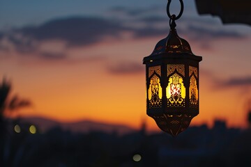 Fototapeta na wymiar Cultural Tranquility: A photograph portraying the charm of Ramadan with a mosque lamp shining brightly during the tranquil evening.