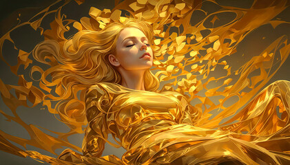 3d illustration of a beautiful woman with golden hair in a golden dress