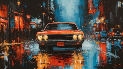 Vintage Car Wet City Night Drive Painting