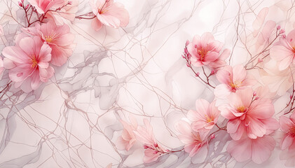 Cherry blossom background with marble texture and pink sakura flowers