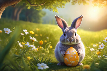 Fototapeta premium cute little bunny holding in paws Easter egg