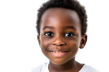 Closeup portrait of handsome African American boy isolated on white background. Schoolboy