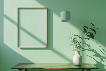 horizontal image of a pastel green wall with a blank frame hanging on it, illuminated by sunlight Generative AI
