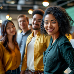 Diverse Group of Smiling People: Business Team or Students Working Together. Black Business Woman with Team or Customers.