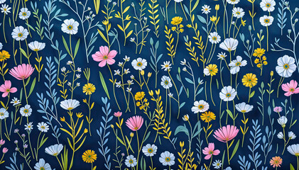 Seamless pattern with hand drawn flowers on dark blue background