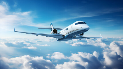 Private jet flying over Earth, empty blue sky with white clouds in background