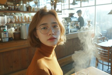 Young Asian woman in orange turtleneck, lost in thought at a café, sunlight streaming in. Contemplative young lady at a sunny café, casual style, with a steaming cup of coffee.